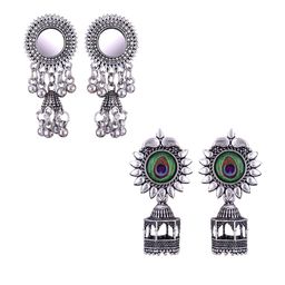 MEENAZ Set Of 2 Silver-Plated Dome Shaped Oxidised Jhumkas-picture-13