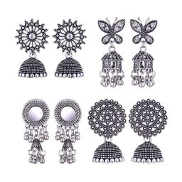 MEENAZ Set Of 4 Stone-Studded Dome-Shaped Silver-Plated Jhumkas-16