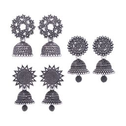 MEENAZ Set of 3 Silver-Plated Dome Shaped Jhumkas Earrings-image-86