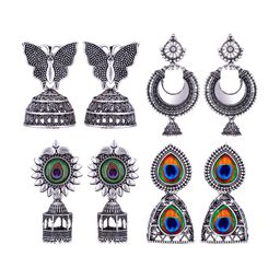 MEENAZ Set Of 4 Silver-Plated Stainless Steel Peacock Shaped Jhumkas-image-89