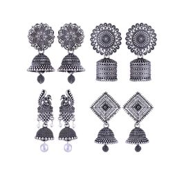 MEENAZ Set Of 4 Silver Plated Peacock Shaped Oxidized  Jhumkas-34