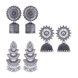 MEENAZ Set Of 3 Silver-Plated Stainless Steel Oxidised Contemporary Jhumkas-3