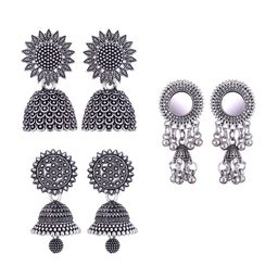 MEENAZ Set Of 3 Silver-Plated Oxidised Dome Shaped Jhumkas-image-59