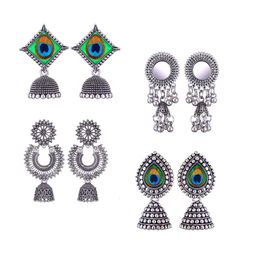 MEENAZ Set Of 4 Stainless Steel Silver Plated Oxidised Dome Shaped Jhumkas-image-99