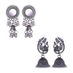 MEENAZ Set Of 2 Silver-Plated Stainless Steel Studded & Beaded Peacock Shaped Jhumkas-image-35
