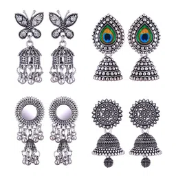 MEENAZ Set Of 4 Silver-Plated Stainless Steel Peacock Shaped Jhumkas-48