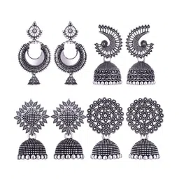 MEENAZ Set Of 4 Silver-Plated Peacock Shaped Jhumkas-image-87