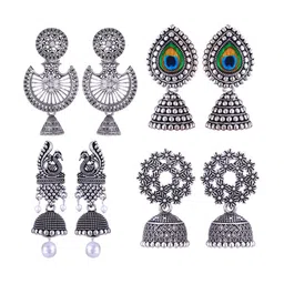 MEENAZ Set Of 4 Silver-Plated Oxidised Peacock Shaped Jhumkas-image-85