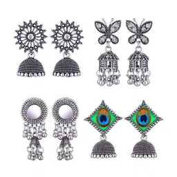 MEENAZ Set Of 4 Silver-Plated Peacock Shaped Jhumkas-image-54
