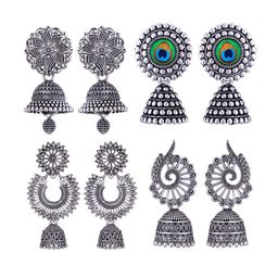 MEENAZ Set Of 4 Silver-Plated Stainless Steel Peacock Shaped Enamelled Jhumkas-image-91