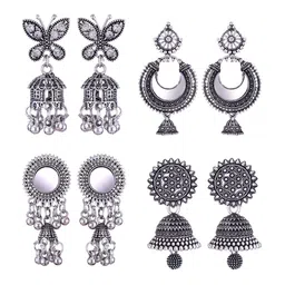 MEENAZ Set Of 4 Silver-Plated Oxidised Peacock Shaped Jhumkas-image-95