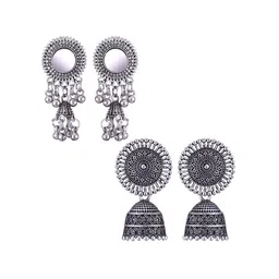 MEENAZ Set Of 2 Silver Plated Stainless Steel Dome Shaped Oxidised Jhumkas-picture-18