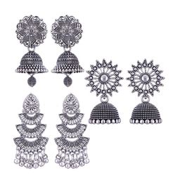MEENAZ Set Of 3 Silver-Plated Stainless Steel Studded & Beaded Peacock Shaped Jhumkas-0