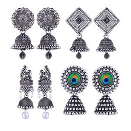 MEENAZ Set Of 4 Silver-Plated Dome Shaped Stainless Steel Jhumkas-image-94