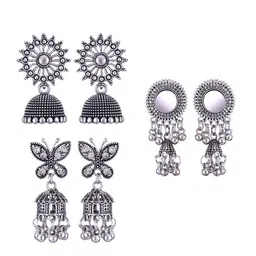 MEENAZ Set Of 3 Silver-Plated Dome Shaped Jhumkas-image-65