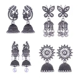 MEENAZ Set Of 4 Silver-Plated Stainless Steel Studded & Beaded Peacock Shaped Jhumkas-image-89