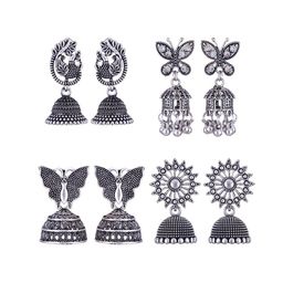 MEENAZ Set Of 4 Silver-Plated Stainless Steel Stones Studded & Beads Beaded Jhumkas-16