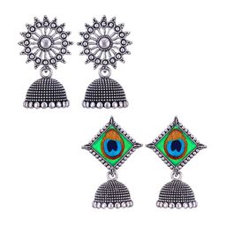 MEENAZ Set Of 2 Silver-Plated Stainless Steel Studded & Beaded Peacock Shaped Jhumkas-image-33