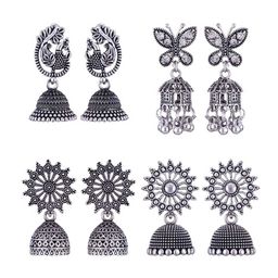 MEENAZ Set Of 4 Stainless Steel Silver-Plated Peacock Shaped Jhumkas Earrings-image-64