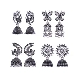 MEENAZ Set Of 4 Silver-Plated Stainless Steel Peacock Shaped Jhumkas-image-44