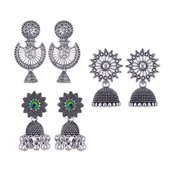 MEENAZ Set Of 3 Peacock Shaped Silver-Plated Jhumkas-image-78