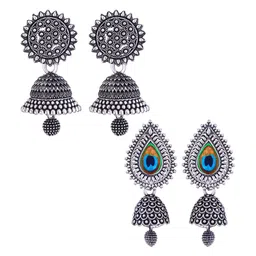 MEENAZ Set Of 2 Silver Plated Dome Shaped Stainless Steel Oxidised Jhumkas-picture-17