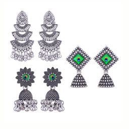 MEENAZ Set Of 3 Silver-Plated Stainless Steel Oxidised Contemporary Jhumkas-4