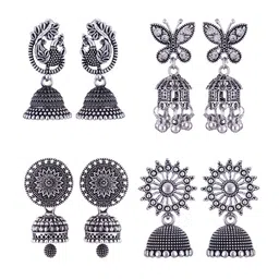 MEENAZ Set Of 4 Silver-Plated Stainless Steel Jhumkas Earrings-image-60