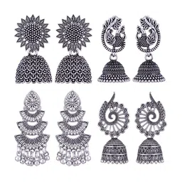 MEENAZ Set Of 4 Silver-Plated Stone-Studded & Beaded Stainless Steel Oxidised Jhumkas-15