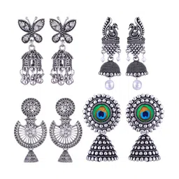 MEENAZ Set Of 4 Silver-Plated Stainless Steel Peacock Shaped Jhumkas-image-95