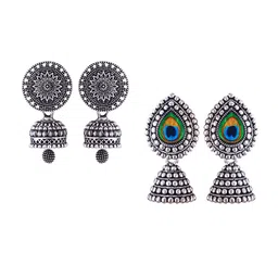 MEENAZ Set Of 2 Silver-Plated Oxidised Jhumkas-14