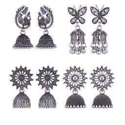 MEENAZ Set Of 4 Silver-Plated Stainless Steel Studded & Beaded Peacock Shaped Jhumkas-image-50