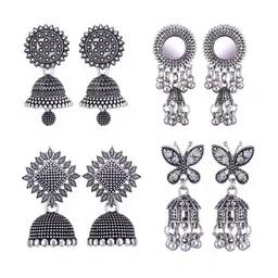 MEENAZ Set Of 4 Silver-Plated Stainless Steel Jhumkas Earrings-image-64