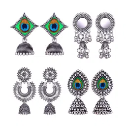 MEENAZ Set Of 4 Silver-Plated Peacock Shaped Jhumkas-image-50