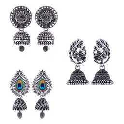 MEENAZ Set Of 3 Silver-Plated Stone-Studded & Beaded Peacock Shaped Oxidised Jhumkas-image-66