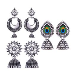 MEENAZ Set Of 3 Stainless Steel Silver Plated Artificial Stones and Beads Studded Earrings-11