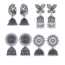 MEENAZ Set Of 4 Silver-Plated Peacock Shaped Jhumkas-image-58