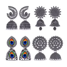 MEENAZ Set Of 4 Silver-Plated Stainless Steel Enamelled Jhumkas-image-93