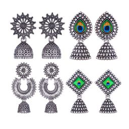 MEENAZ Set Of 4 Stainless Steel Silver Plated Artificial Stones and Beads Studded Earrings-9