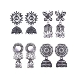 MEENAZ Set Of 4 Silver-Plated Peacock Shaped Jhumkas-image-68