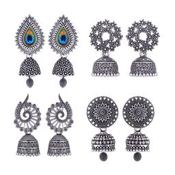 MEENAZ Set Of 4 Silver-Plated Stainless Steel Peacock Shaped Jhumkas-image-96