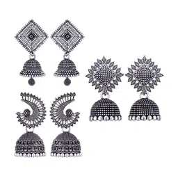 MEENAZ Set Of 3 Silver-Plated Oxidised Peacock Shaped Jhumkas-image-77