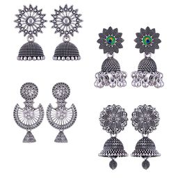 MEENAZ Set Of 4 Silver-Plated Dome Shaped Oxidised Jhumkas-17