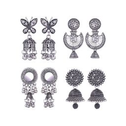 MEENAZ Set Of 4 Silver Plated Peacock Shaped Oxidized  Jhumkas-0