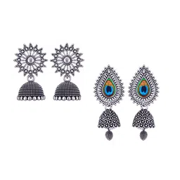 MEENAZ Set Of Silver-Plated Peacock Shaped Jhumkas-image-84