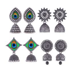 MEENAZ Set Of 4 Stainless Steel Silver Plated Artificial Stones and Beads Studded Earrings-13