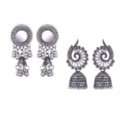 MEENAZ Set Of 2 Silver-Plated Oxidised Peacock Shaped Jhumkas-18