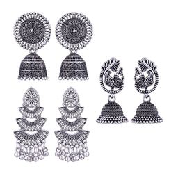 MEENAZ Set Of 3 Silver-Plated Oxidised Peacock Shaped Jhumkas-image-81