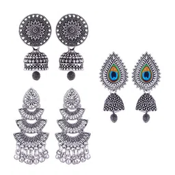 MEENAZ Set of 3 Silver-Plated Dome Shaped Jhumkas Earrings-image-62