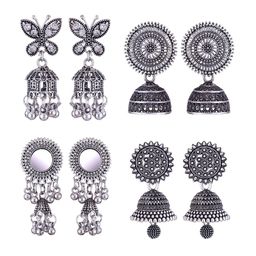 MEENAZ Set Of 4 Silver-Plated Stainless Steel Stones Studded & Beads Beaded Jhumkas-17
